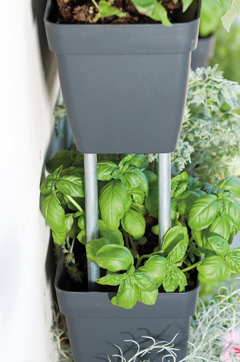 Set Di 3 Fioriere 50x 17cm Grigio Cemento In Plastica Componibili E Impilabili, Con Riserva D'acqua, Con Aste Di Assemblaggio Incluse