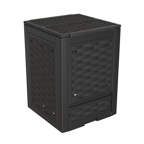 TOOMAX Composter Rattan marrone da giardino 300L effetto rattan 60x60x83h cm, contenitore per compostaggio in plastica riciclata, resistente ai raggi uv, con coperchio e sportello per aerazione