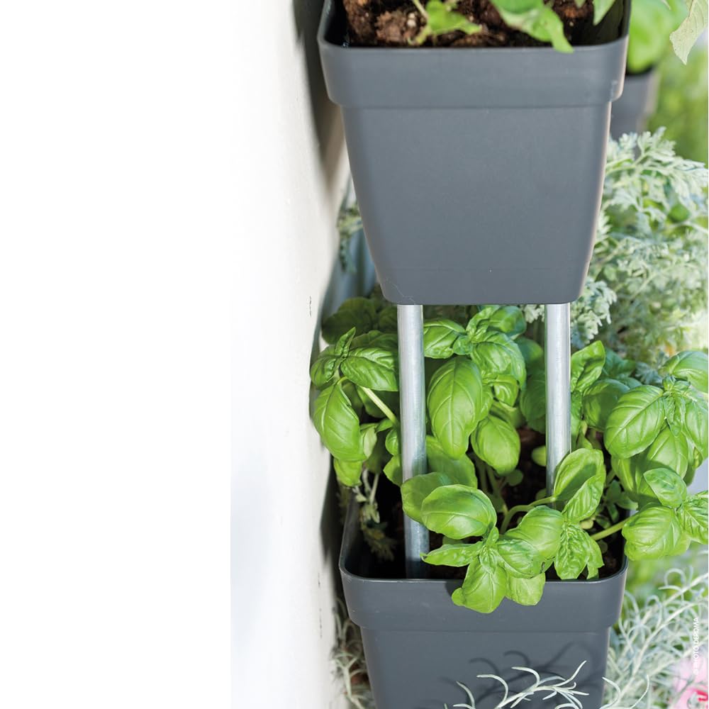 Set Di 3 Fioriere 50x 17cm Grigio Cemento In Plastica Componibili E Impilabili, Con Riserva D'acqua, Con Aste Di Assemblaggio Incluse