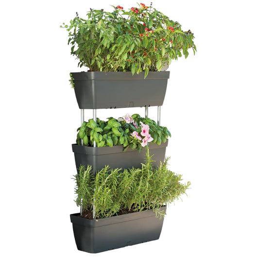Set Di 3 Fioriere 50x 17cm Grigio Cemento In Plastica Componibili E Impilabili, Con Riserva D'acqua, Con Aste Di Assemblaggio Incluse