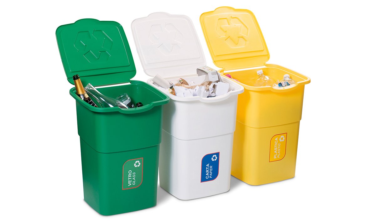 DEA HOME Pattumiera per raccolta differenziata ECO3, kit da 3 pattumiere da 50 litri, in plastica da interno ed esterno, (verde, blu, arancione)