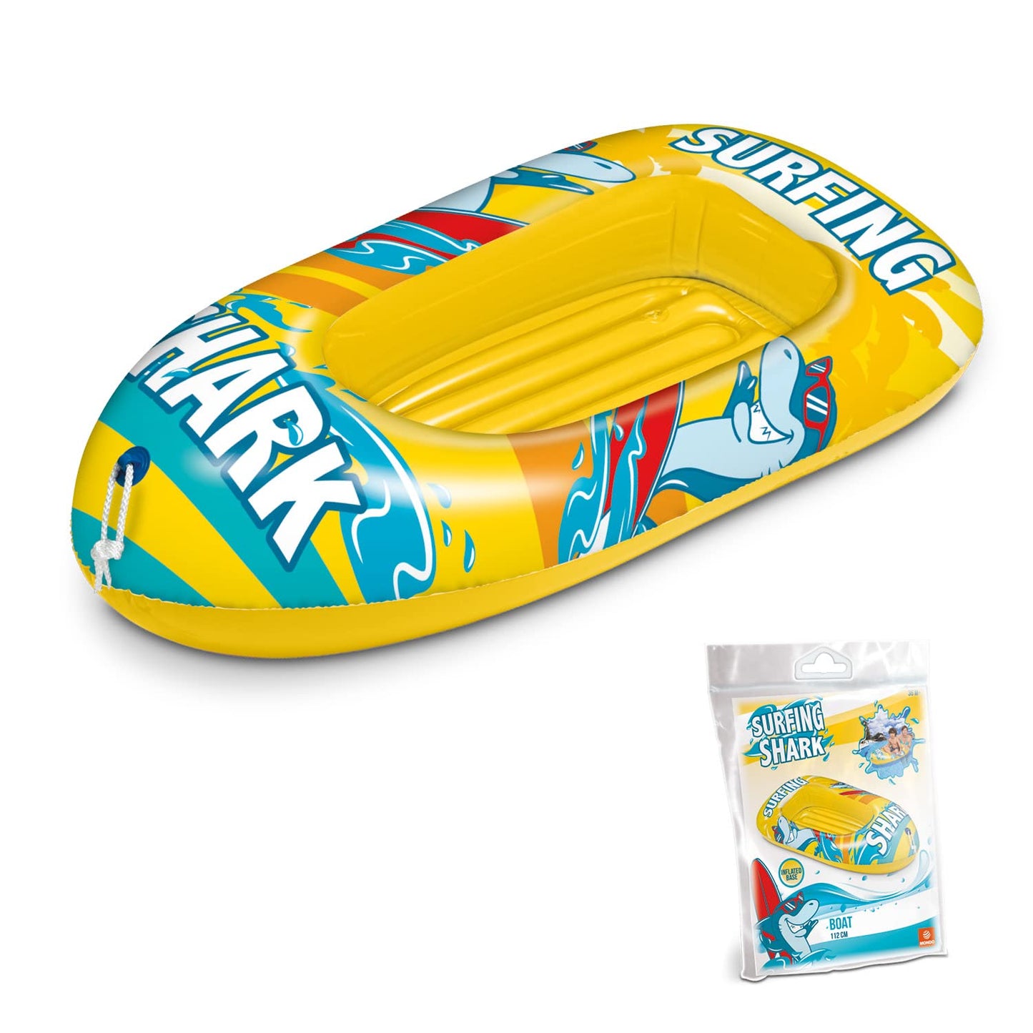Mondo Toys - Surfing Shark Boat - Canotto con Base Gonfiabile , Gommone per Bambini, Misura 112 cm - PVC Termosaldato Resistente - 16922