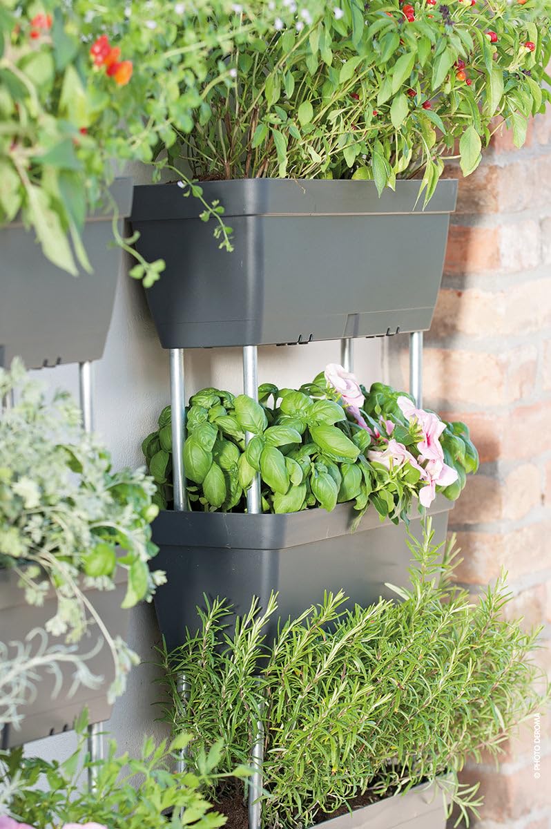 Set Di 3 Fioriere 50x 17cm Grigio Cemento In Plastica Componibili E Impilabili, Con Riserva D'acqua, Con Aste Di Assemblaggio Incluse