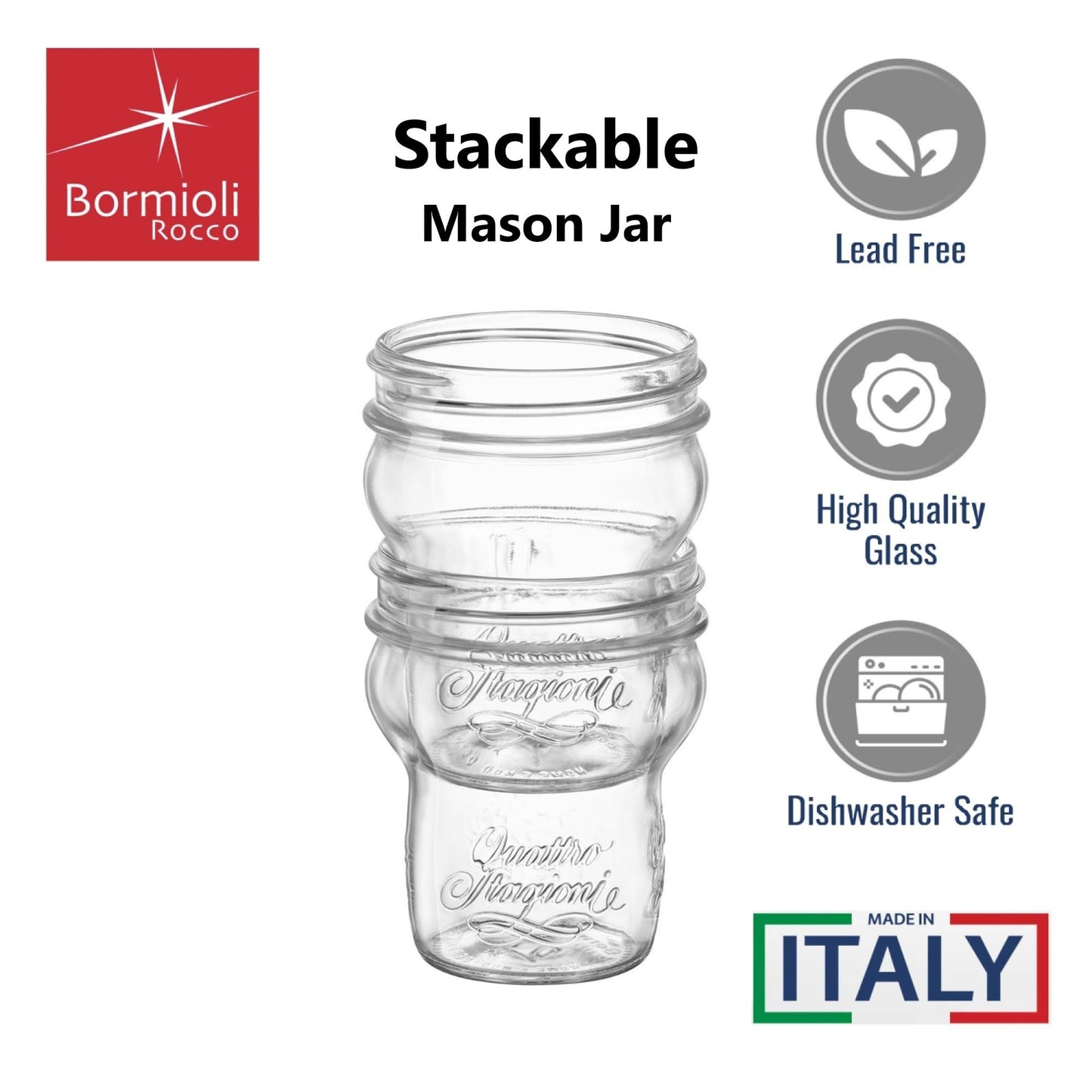 Bormioli Rocco Barattolo Quattro Stagioni Impilabile - Barattolo di Vetro da 262 ml - Impilabile e Incastrabile, Bocca Larga per Inscatolamento, Servizio e Conservazione - Contenitore di Vetro Sicuro
