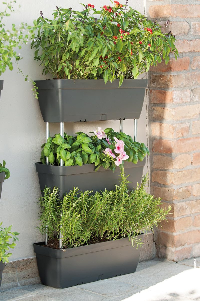 Set Di 3 Fioriere 50x 17cm Grigio Cemento In Plastica Componibili E Impilabili, Con Riserva D'acqua, Con Aste Di Assemblaggio Incluse