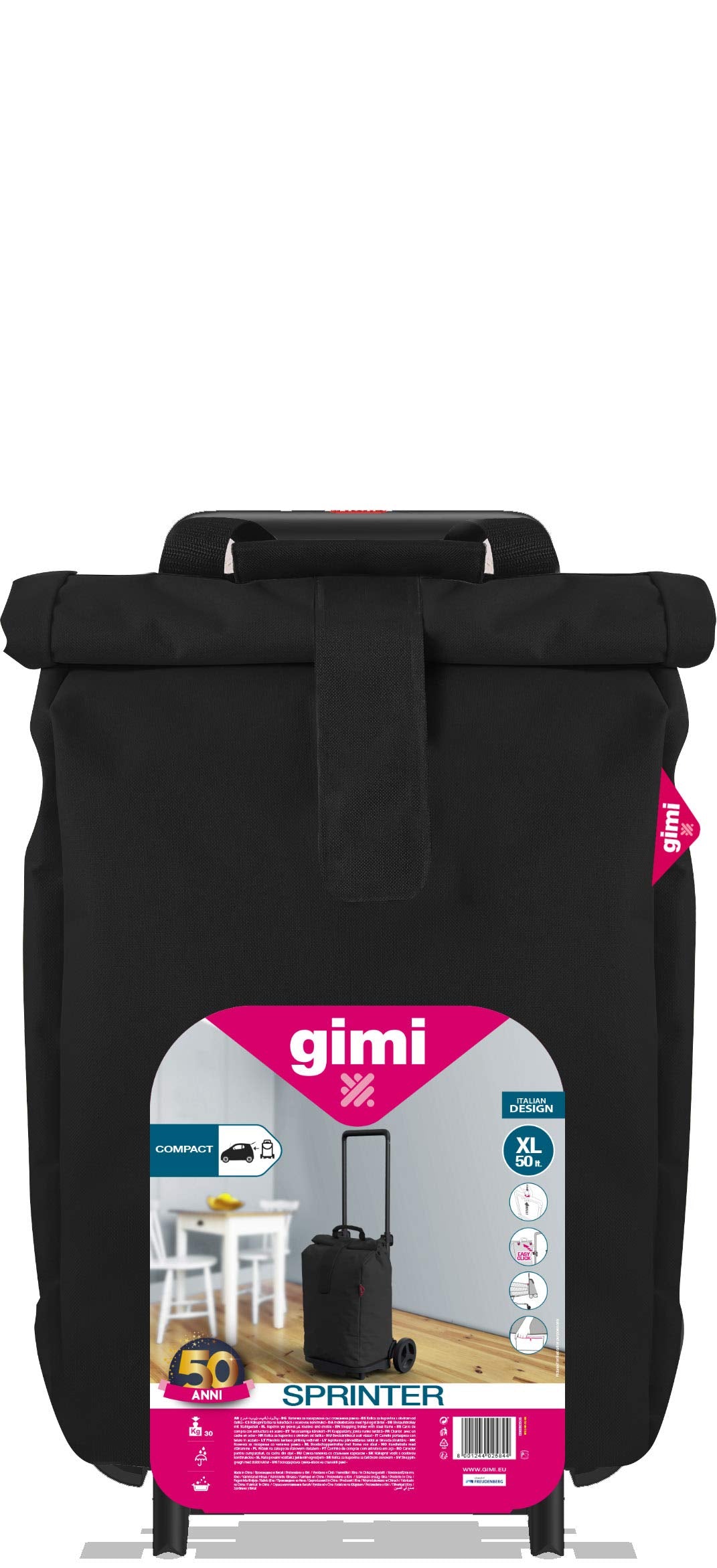 Gimi Sprinter|carrello portaspesa pieghevole con manico telescopico regolabile|sacca antipioggia chiusura avvolgibile e fascia a strappo|con ruote grandi e parafango|capacità 50l|45x39x103cm