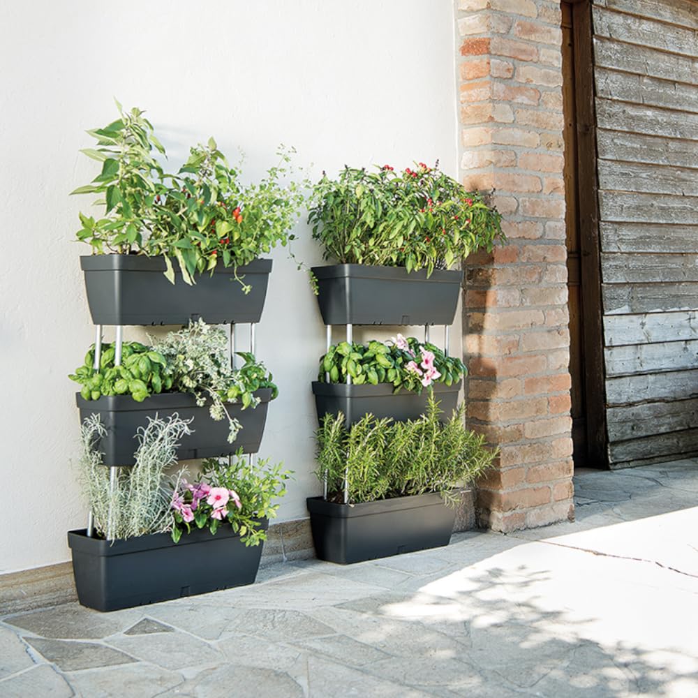 Set Di 3 Fioriere 50x 17cm Grigio Cemento In Plastica Componibili E Impilabili, Con Riserva D'acqua, Con Aste Di Assemblaggio Incluse