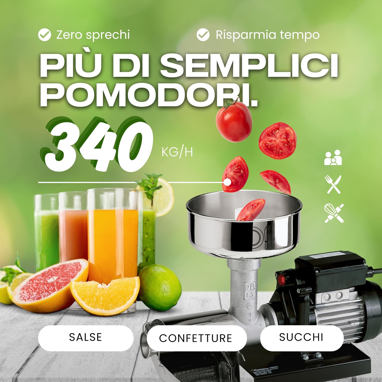 Reber Spremipomodoro Elettrico N.5 500W per Salsa di Pomodoro, Conserve, Marmellate e Succhi di Frutta – Produzione fino a 340 Kg/h – Accessori in Acciaio Inox – Motore a Induzione per Uso Continuo