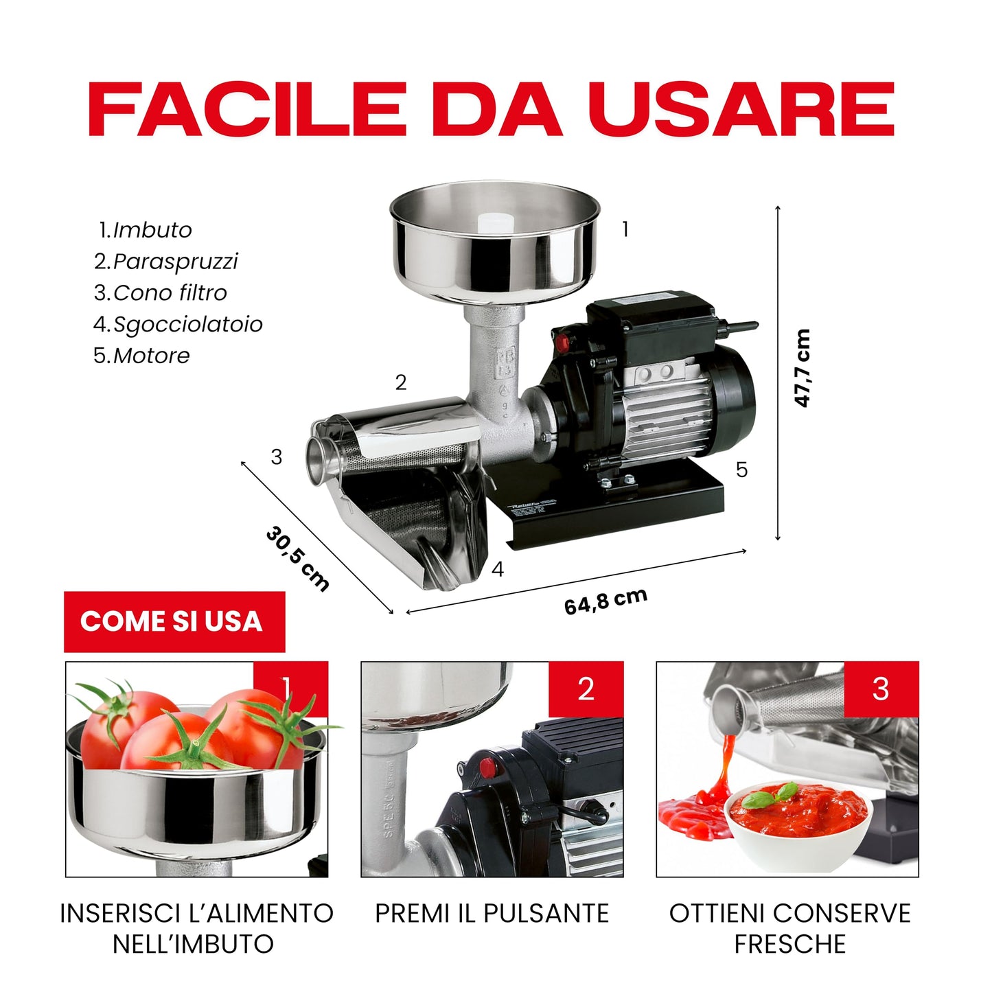 Reber Spremipomodoro Elettrico N.5 500W per Salsa di Pomodoro, Conserve, Marmellate e Succhi di Frutta – Produzione fino a 340 Kg/h – Accessori in Acciaio Inox – Motore a Induzione per Uso Continuo
