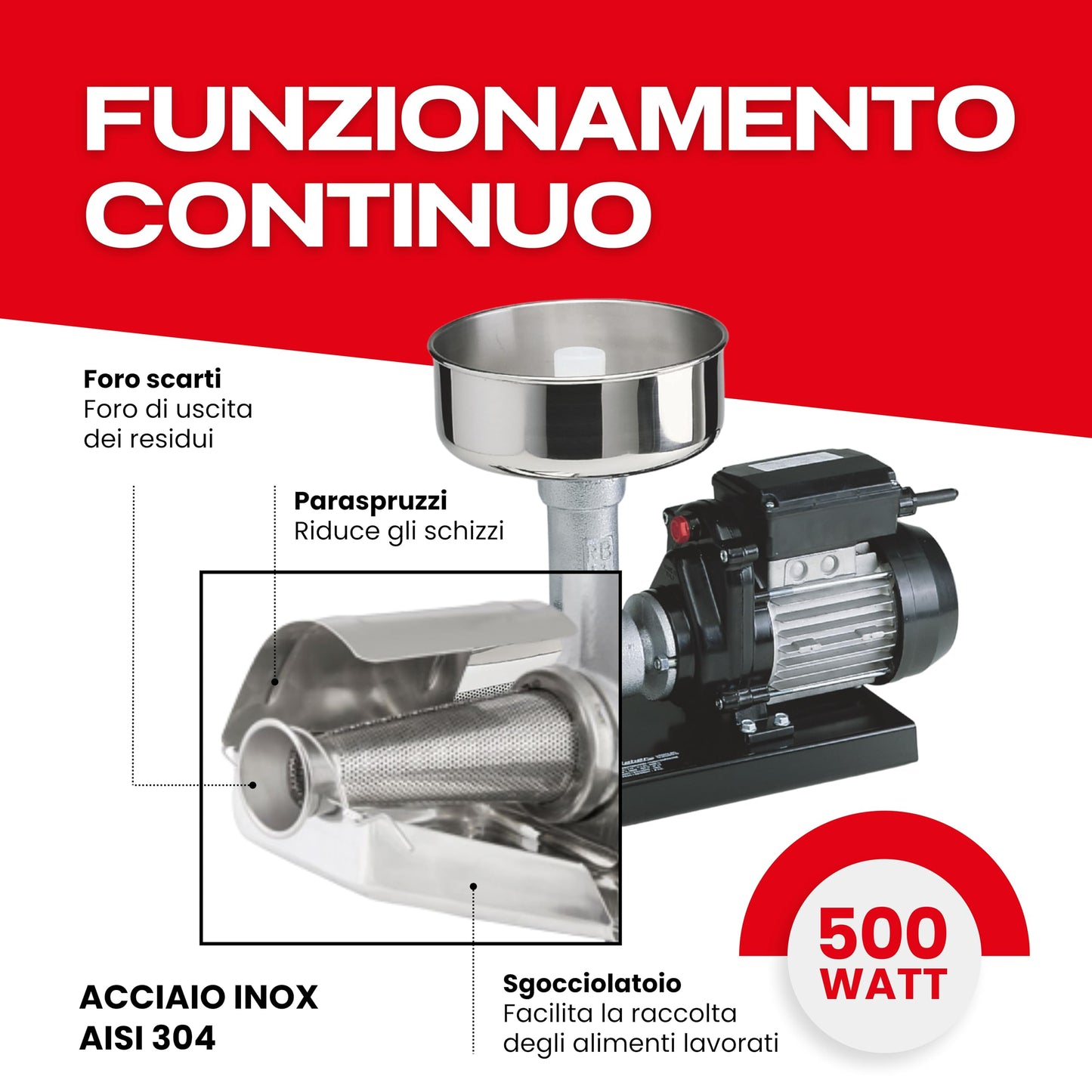 Reber Spremipomodoro Elettrico N.5 500W per Salsa di Pomodoro, Conserve, Marmellate e Succhi di Frutta – Produzione fino a 340 Kg/h – Accessori in Acciaio Inox – Motore a Induzione per Uso Continuo