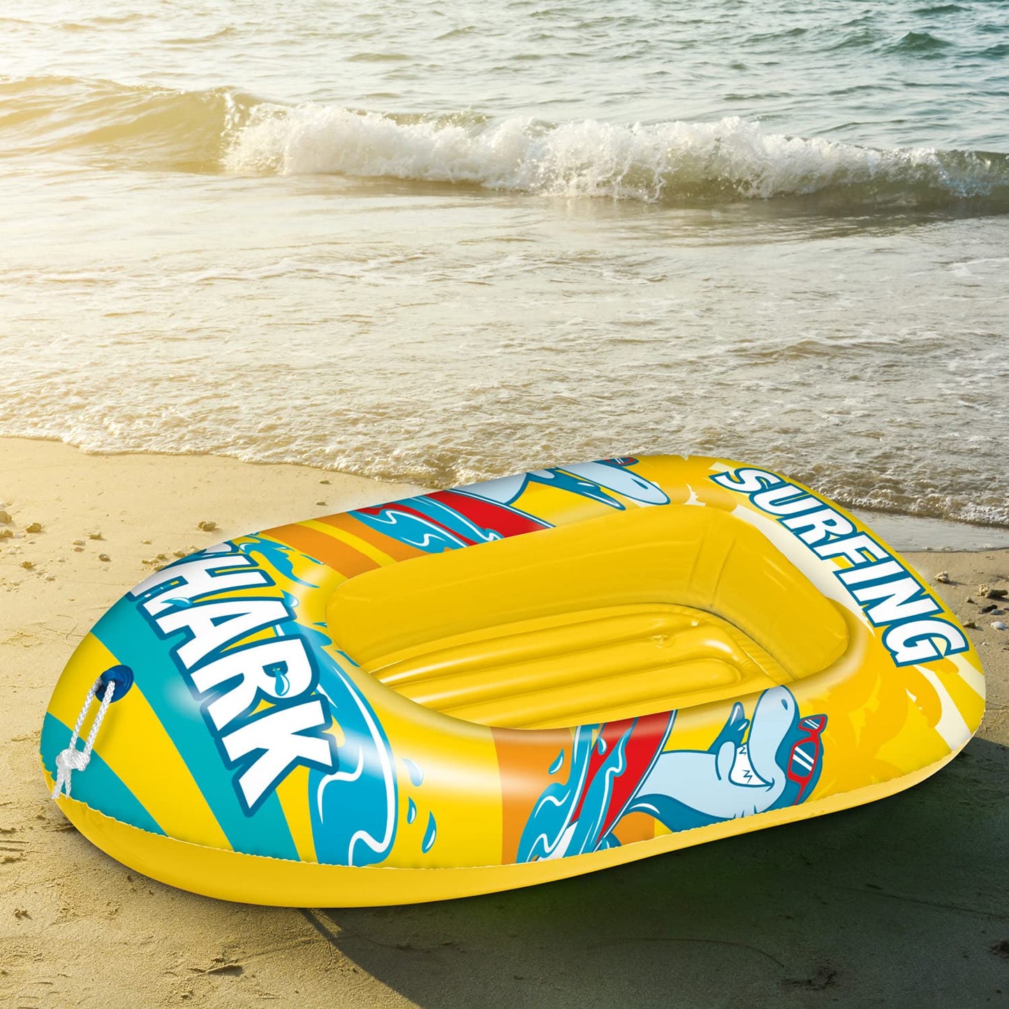 Mondo Toys - Surfing Shark Boat - Canotto con Base Gonfiabile , Gommone per Bambini, Misura 112 cm - PVC Termosaldato Resistente - 16922