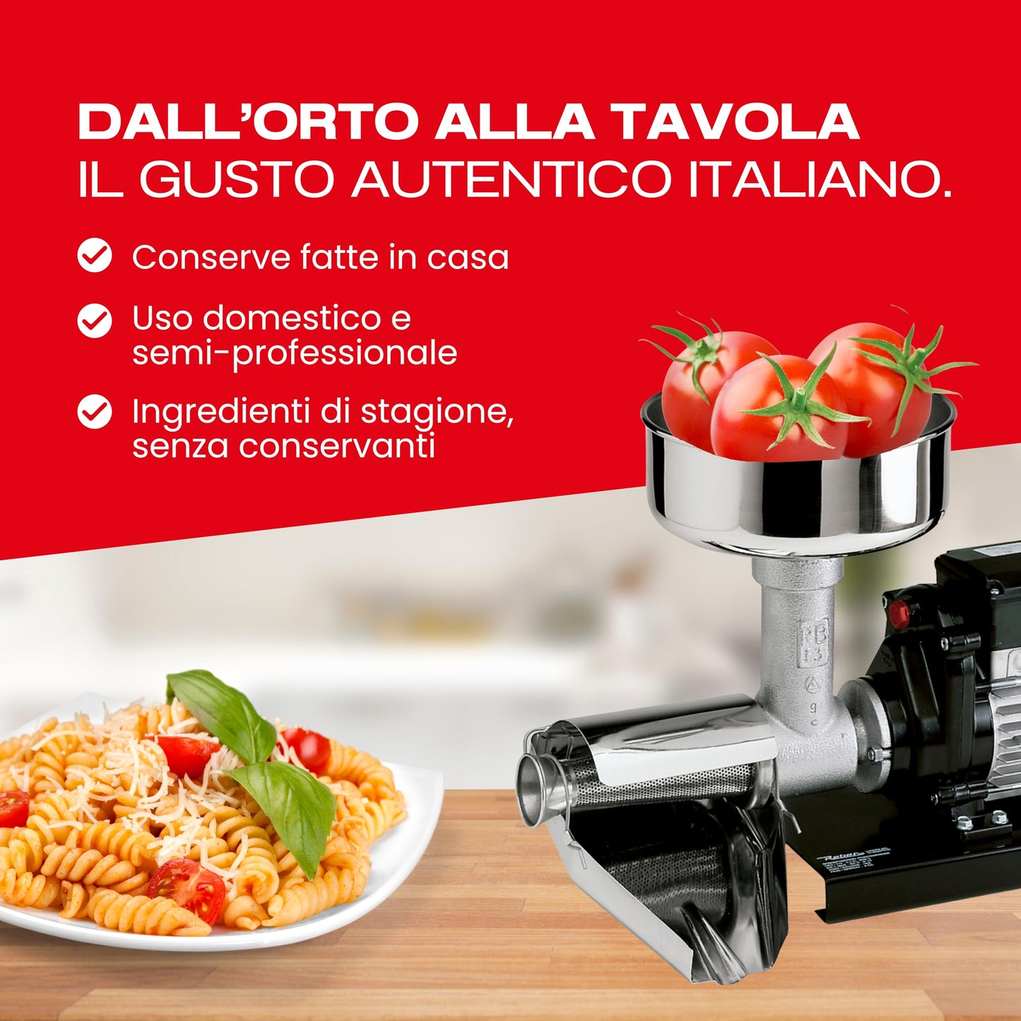 Reber Spremipomodoro Elettrico N.5 500W per Salsa di Pomodoro, Conserve, Marmellate e Succhi di Frutta – Produzione fino a 340 Kg/h – Accessori in Acciaio Inox – Motore a Induzione per Uso Continuo