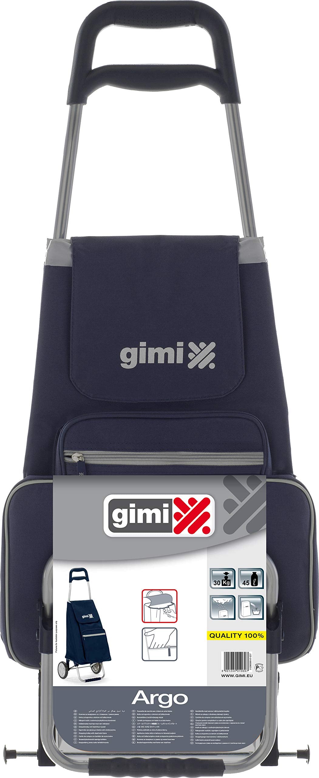 GIMI Argo Portaspesa, Carrello Spesa 2 Ruote, Richiudibile, Portata 30 kg, Capacità 45 Litri, Poliestere, Verde, 37 x 33 x 95.5 cm
